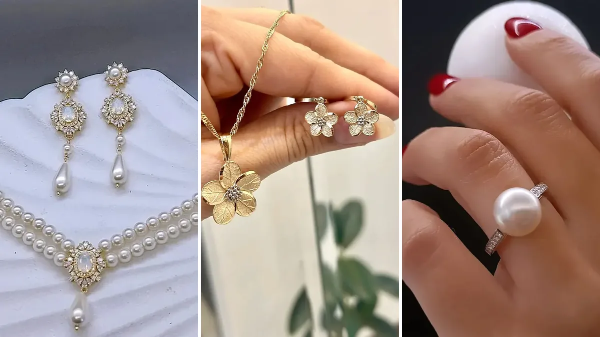 نیم‌ست مروارید طلا کلاژ سه مدل گردنبند و گوشواره مرواریدی