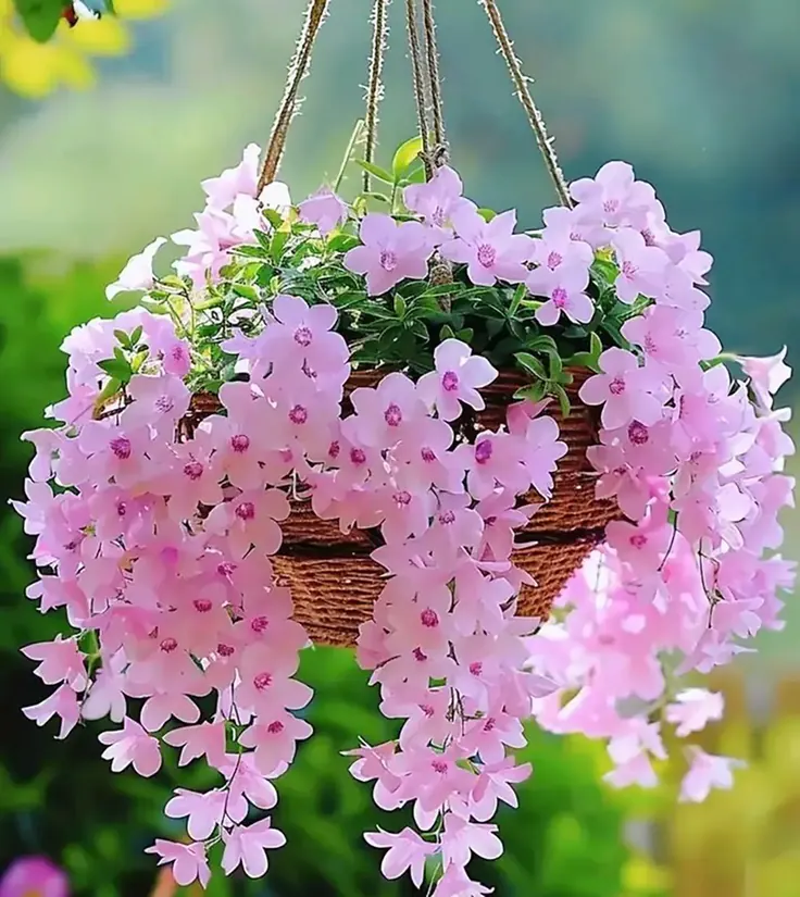 سبد حصیری آویز گل با گلهای صورتی روی طناب کنفی