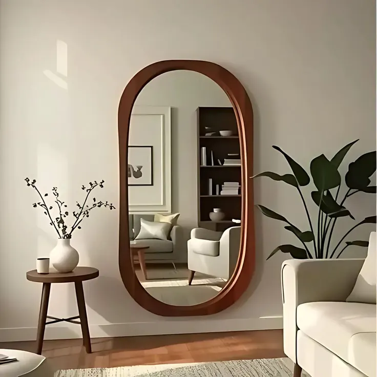 آینه بیضی چوبی در دکور پذیرایی کوچک