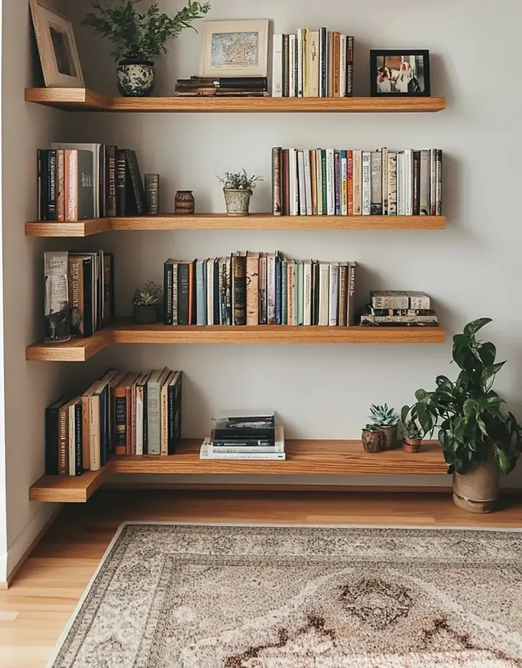 قفسه کتاب چوبی گوشه اتاق مطالعه