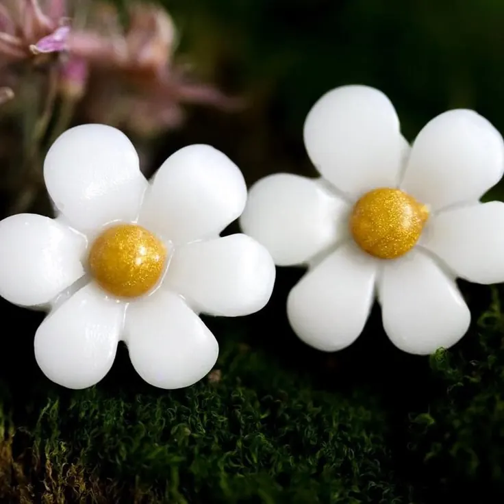 گوشواره میخی طرح گل بابونه روی خزه