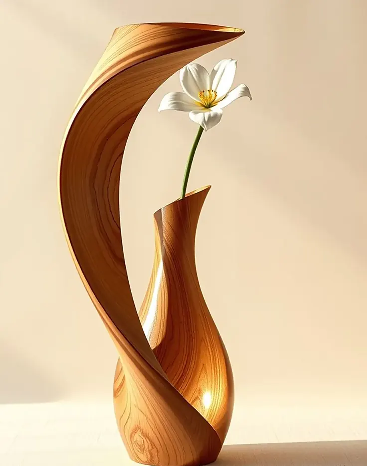 گلدان چوبی مجسمه‌ای با گل سفید
